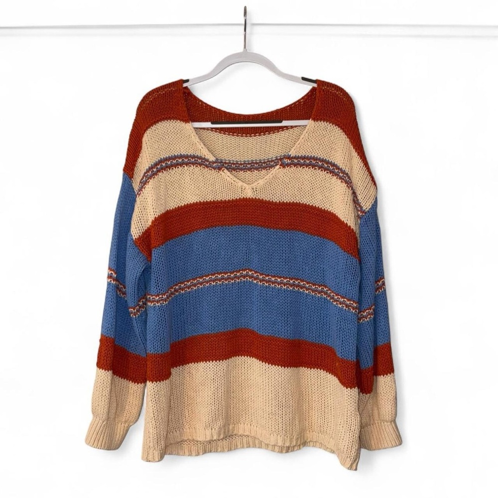 Chunky Knit Striped V-Neck Sweater - Blue, Red/Orange, and Cream